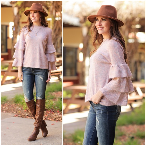 Infinity Raine Tops - LAST 1✨Pink Tiered Bell Sleeve Soft Fuzzy Sweater